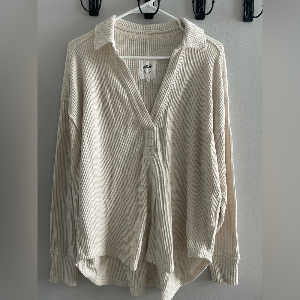 Aerie Cream Waffle Knit V-Neck Pullover